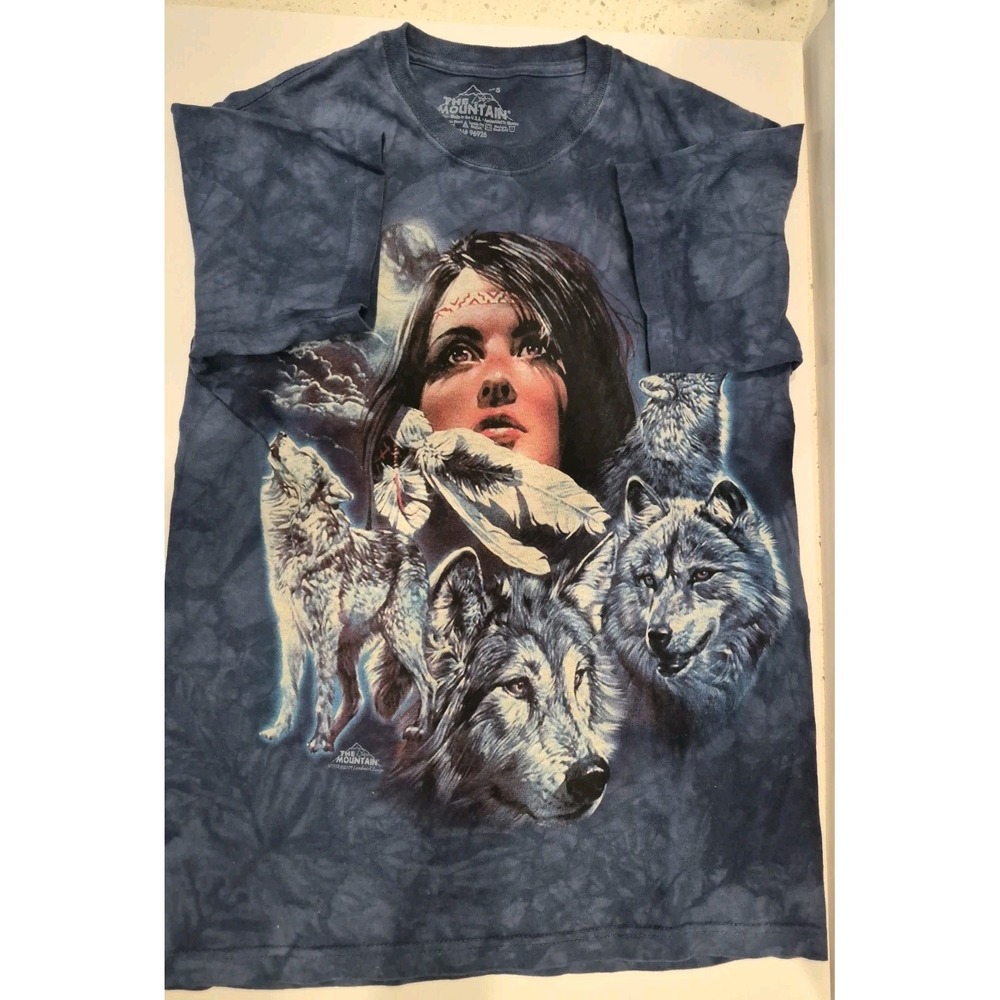 VTG '07 The Mountain T Shirt Native American Woman Wolves Blue Tie Dye Sm Cotton